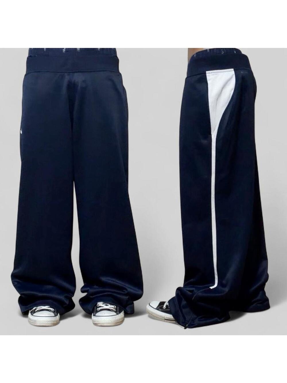 Nike Navy White Side Stripe Wide Leg Track Pants Ankle Zip Y2K